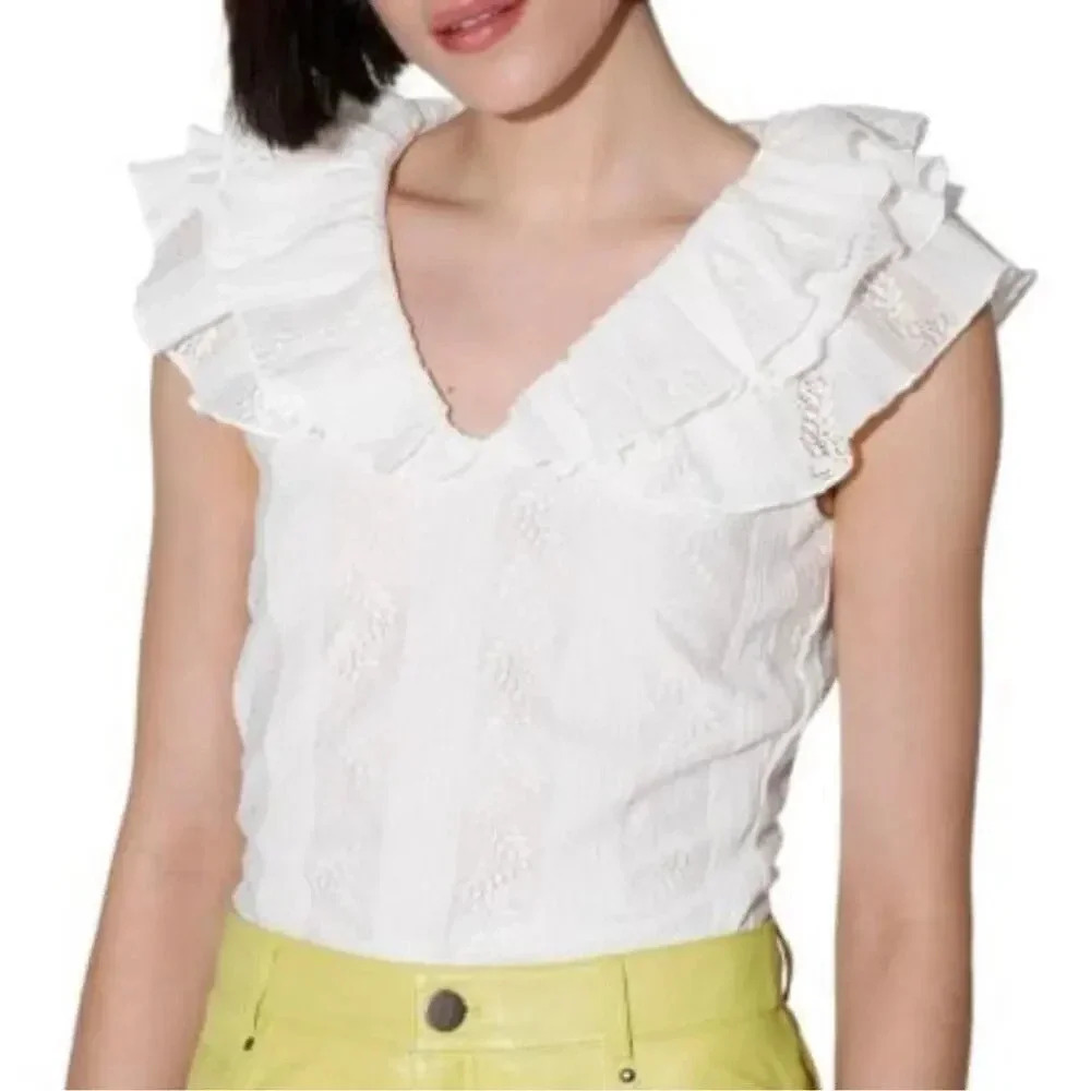 Walter Baker Women Size XS Hadlee Ruffle White Sleeveless Blouse v6x